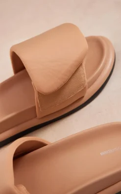 Cream PU Round Toe Velcro Strap Flat Slider Sandals