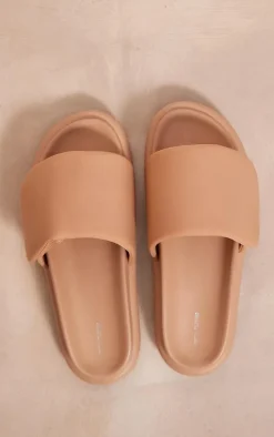 Cream PU Round Toe Velcro Strap Flat Slider Sandals