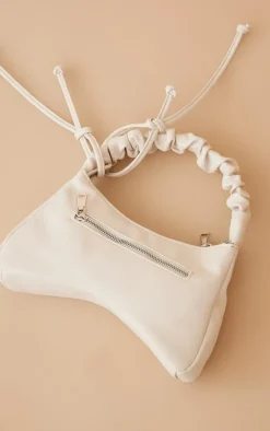 Cream PU Ruched Handle Zip Shoulder Bag