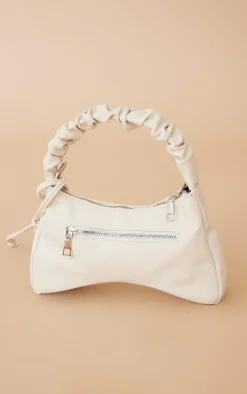 Cream PU Ruched Handle Zip Shoulder Bag