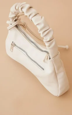 Cream PU Ruched Handle Zip Shoulder Bag