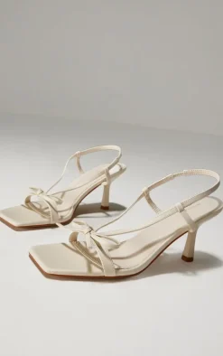 Cream PU Square Toe Bow Sling Back Mid Heeled Sandals