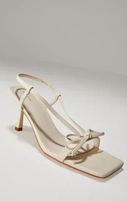 Cream PU Square Toe Bow Sling Back Mid Heeled Sandals