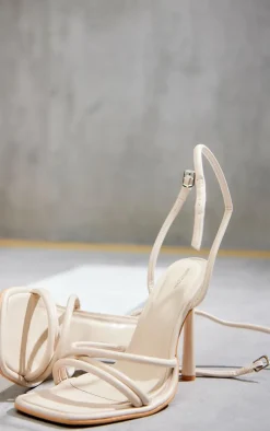Cream Pu Square Toe Edge Quilted Strap High Heeled Sandals