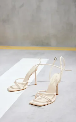 Cream Pu Square Toe Edge Quilted Strap High Heeled Sandals