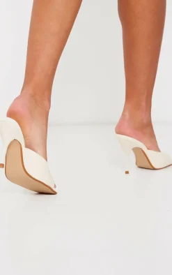 Cream Pu Square Toe High Stiletto Heeled Mules