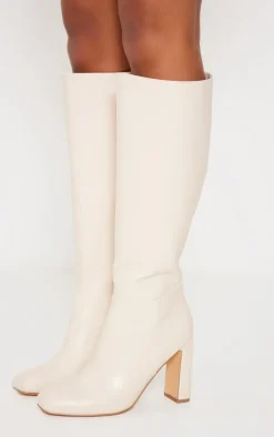 Cream PU Square Toe Knee High Zip Block High Heel Boots