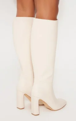 Cream PU Square Toe Knee High Zip Block High Heel Boots