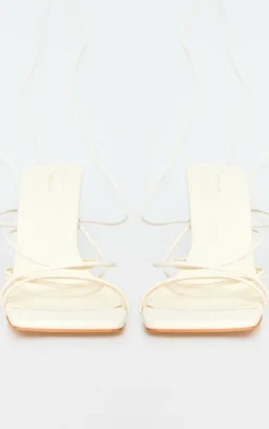 Cream PU Square Toe Strappy Lace Up Heeled Sandals