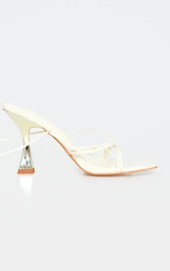 Cream PU Square Toe Strappy Lace Up Heeled Sandals