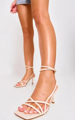 Cream PU Square Toe Tube Strappy Mid Stiletto Heeled Sandals