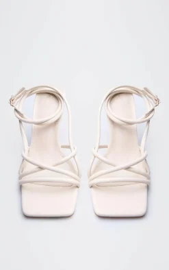 Cream PU Square Toe Tube Strappy Mid Stiletto Heeled Sandals