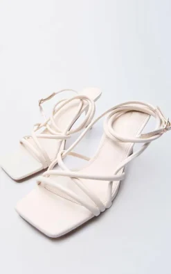 Cream PU Square Toe Tube Strappy Mid Stiletto Heeled Sandals