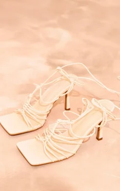 Cream PU Square Toe Woven Lace Heeled Sandals