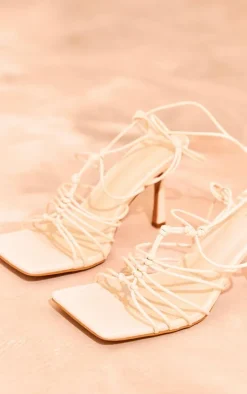 Cream PU Square Toe Woven Lace Heeled Sandals