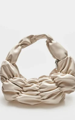 Cream Pu Stretch Ruched Shoulder Bag
