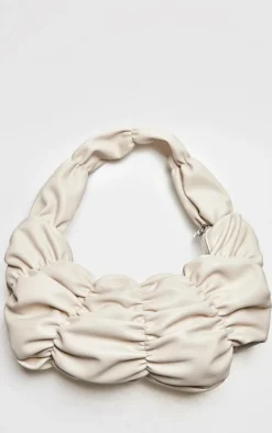 Cream Pu Stretch Ruched Shoulder Bag