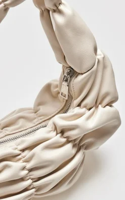 Cream Pu Stretch Ruched Shoulder Bag