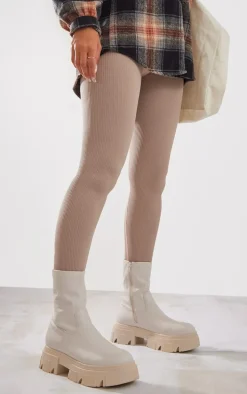 Cream Pu Textured Extreme Cleated Sole Ankle Sock Boots