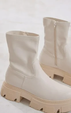 Cream Pu Textured Extreme Cleated Sole Ankle Sock Boots