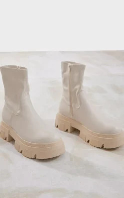 Cream Pu Textured Extreme Cleated Sole Ankle Sock Boots