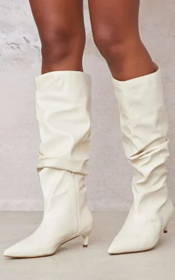 Cream PU Wide Fit Gathered Low Heel Knee High Boots