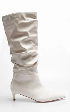 Cream PU Wide Fit Gathered Low Heel Knee High Boots