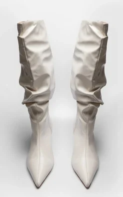 Cream PU Wide Fit Gathered Low Heel Knee High Boots
