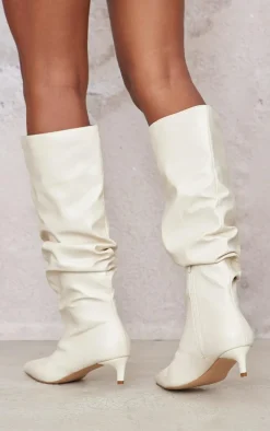 Cream PU Wide Fit Gathered Low Heel Knee High Boots
