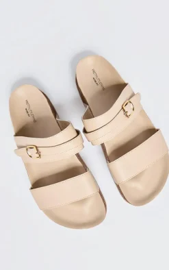 Cream PU Wide Fit Round Toe Double Strap Flat Sandals