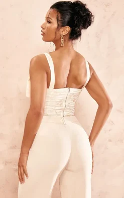 Cream Quilted Jacquard Tie Shoulder Corset