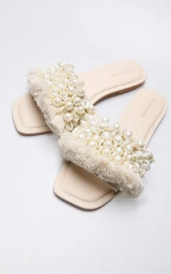 Cream Raffia Beaded Tassel Fringed Flat Mule Sandals