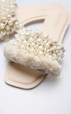 Cream Raffia Beaded Tassel Fringed Flat Mule Sandals