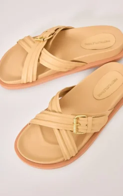 Cream Real Leather Round Toe Cross Over Buckle Detail Strap Footbed Sandals