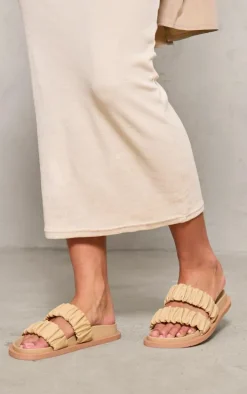 Cream Real Leather Round Toe Ruched Detail Strap Footbed Sandals