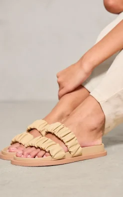 Cream Real Leather Round Toe Ruched Detail Strap Footbed Sandals