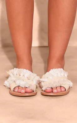 Cream Real Leather Round Toe Cross Strap Tassel Flat Sandals