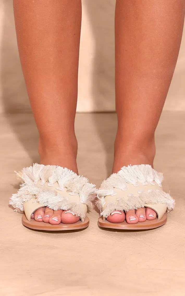 Cream Real Leather Round Toe Cross Strap Tassel Flat Sandals