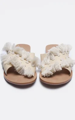 Cream Real Leather Round Toe Cross Strap Tassel Flat Sandals