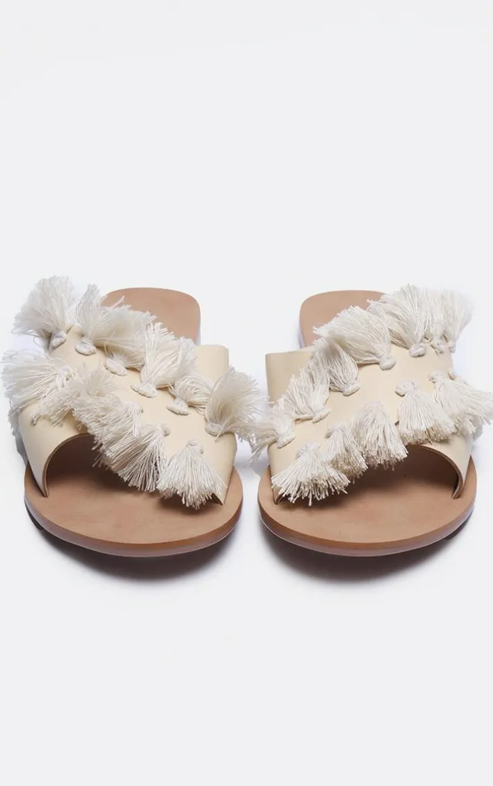 Cream Real Leather Round Toe Cross Strap Tassel Flat Sandals