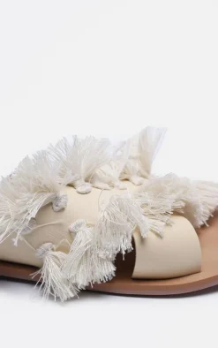 Cream Real Leather Round Toe Cross Strap Tassel Flat Sandals