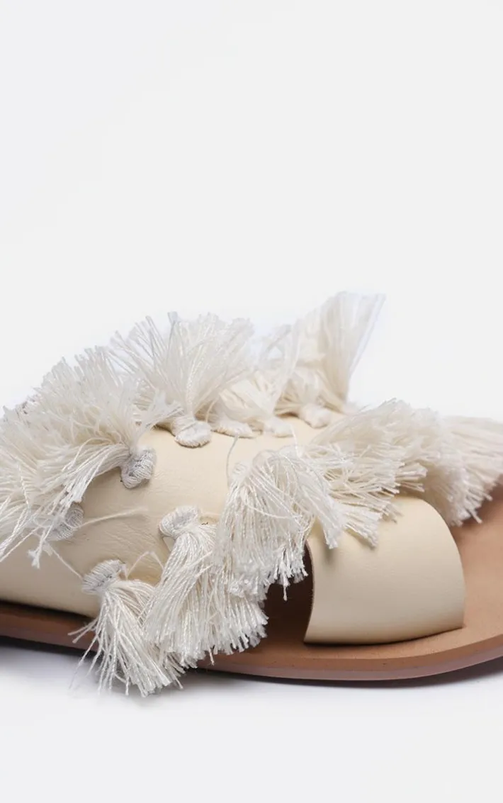 Cream Real Leather Round Toe Cross Strap Tassel Flat Sandals