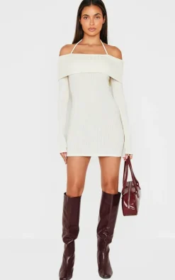 Cream Rib Bardot Fold Over Bodycon Dress