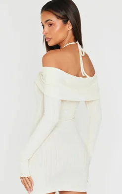 Cream Rib Bardot Fold Over Bodycon Dress