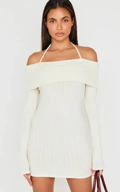 Cream Rib Bardot Fold Over Bodycon Dress