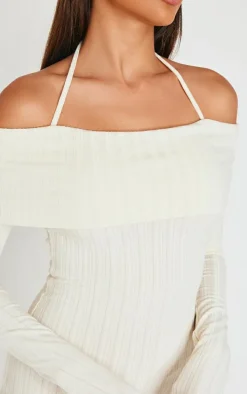 Cream Rib Bardot Fold Over Bodycon Dress