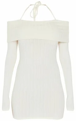 Cream Rib Bardot Fold Over Bodycon Dress