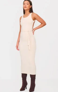 Cream Rib Cut Out Back Detail Tie Waist Midaxi Dress