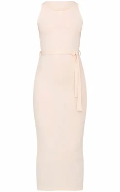 Cream Rib Cut Out Back Detail Tie Waist Midaxi Dress