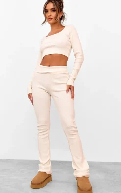 Cream Rib Fold Over Waist Flared Pants
